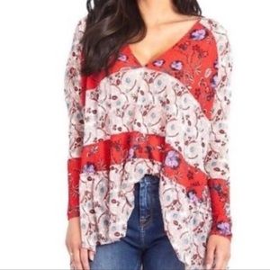 Free People Red and White Floral Long Sleeve Top